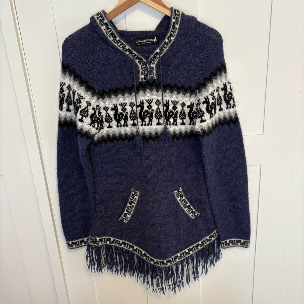 Alpaca Connection Sweater Size Large Hooded Blue Fringe Alpaca/wool Blend